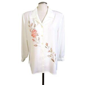 Vintage Button Up Blouse NEW Womens 14 Cream Ivory Embroidered Floral Romantic